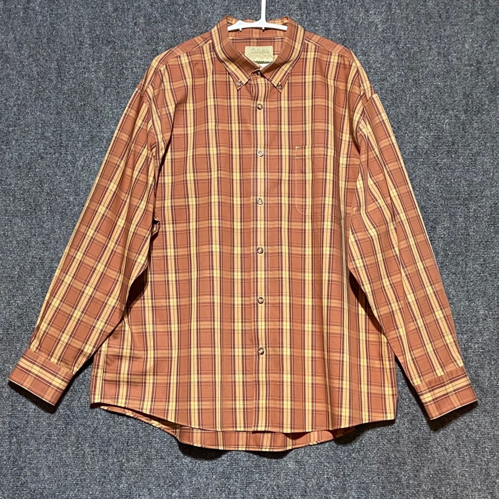 Cabelas Outfitter Series Mens 2XL Plaid Button Down Shirt Brown Cotton Gorpcore